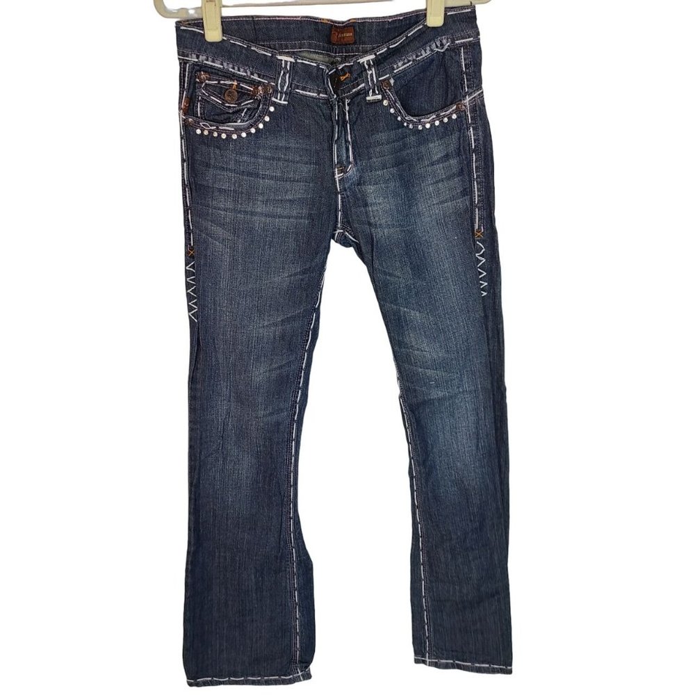 Jeans De Fleur Womens 9 Blue Dark Wash Denim Embellished Straight Jeans